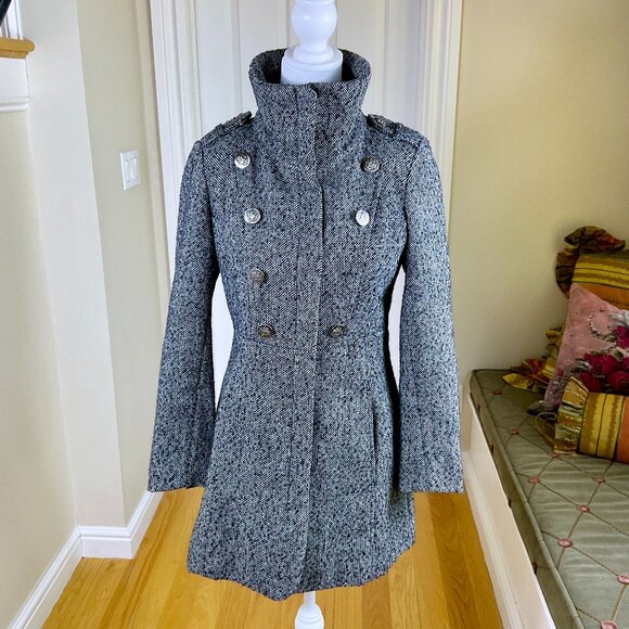 Guess Coat Y2K Wool Blend Double Breasted Black White Silver Button Military (S) - Picture 1 of 9